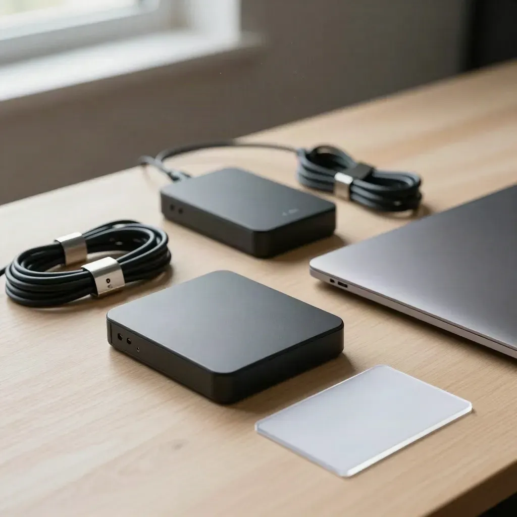 Kit de mantenimiento web con discos, cables y portátil sobre un banco de madera clara.