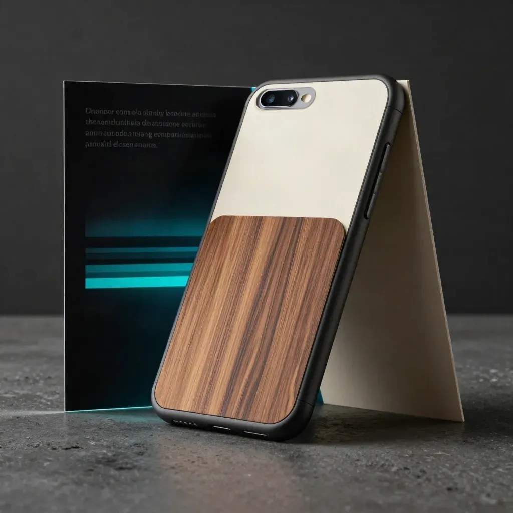 Kit de landing page con funda, página plegada y soporte curvo sobre concreto oscuro.